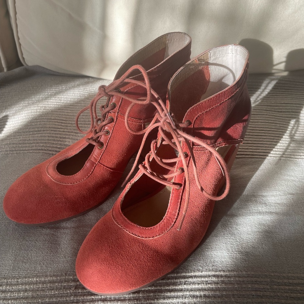Red genuine leather heels from Sundance catalog artist